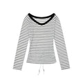 Black and White Striped V-Neck Long Sleeve