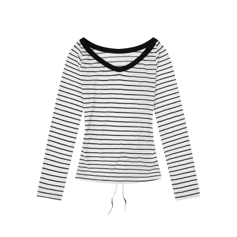 Black and White Striped V-Neck Long Sleeve