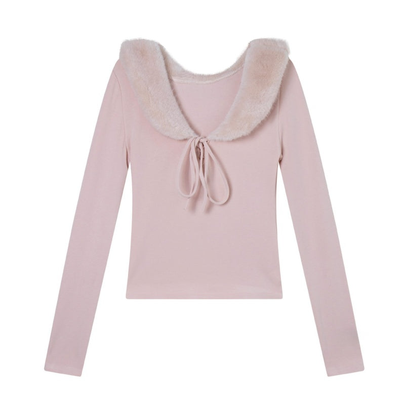 Pink Faux Fur Collar Elegant Long Sleeve